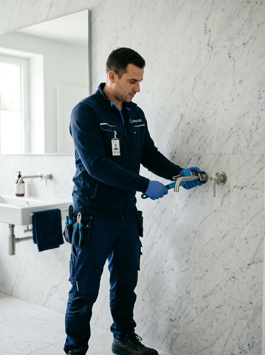 Professioneller Sanitärtechniker bei präziser und sauberer Montagearbeit