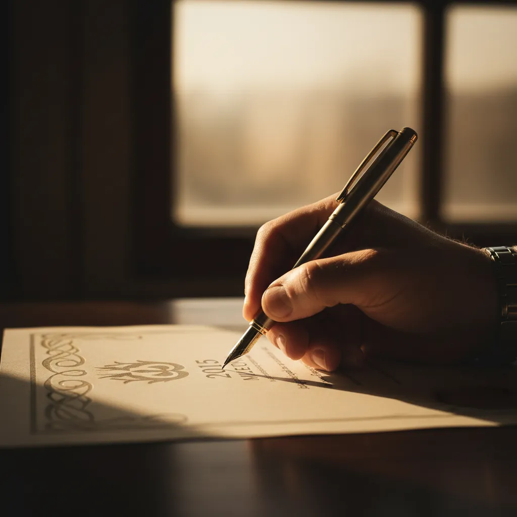 2015 milestone: close framing of a commemorative certificate and hand signing