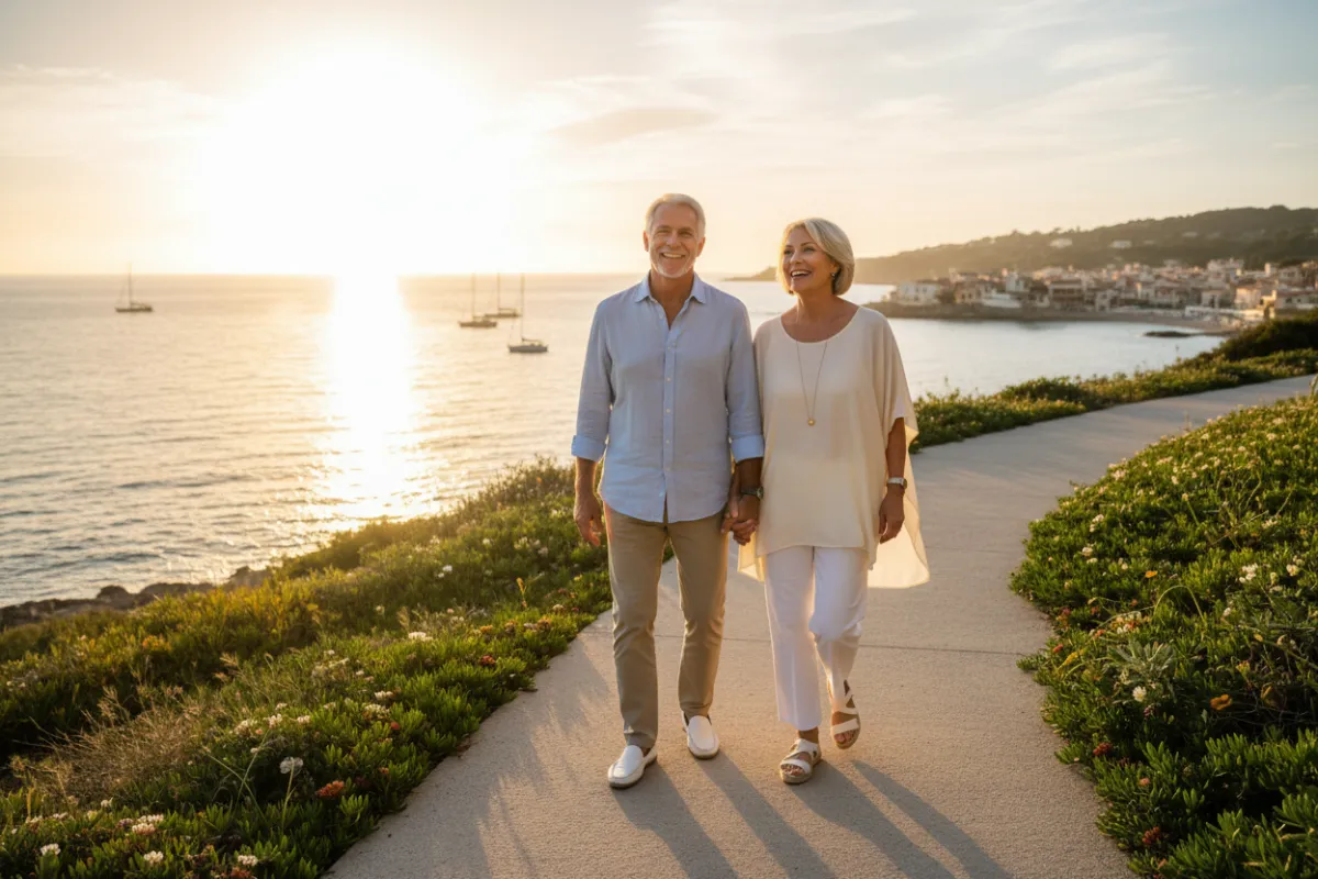 Smiling retired couple walking on a seaside path, promotional banner