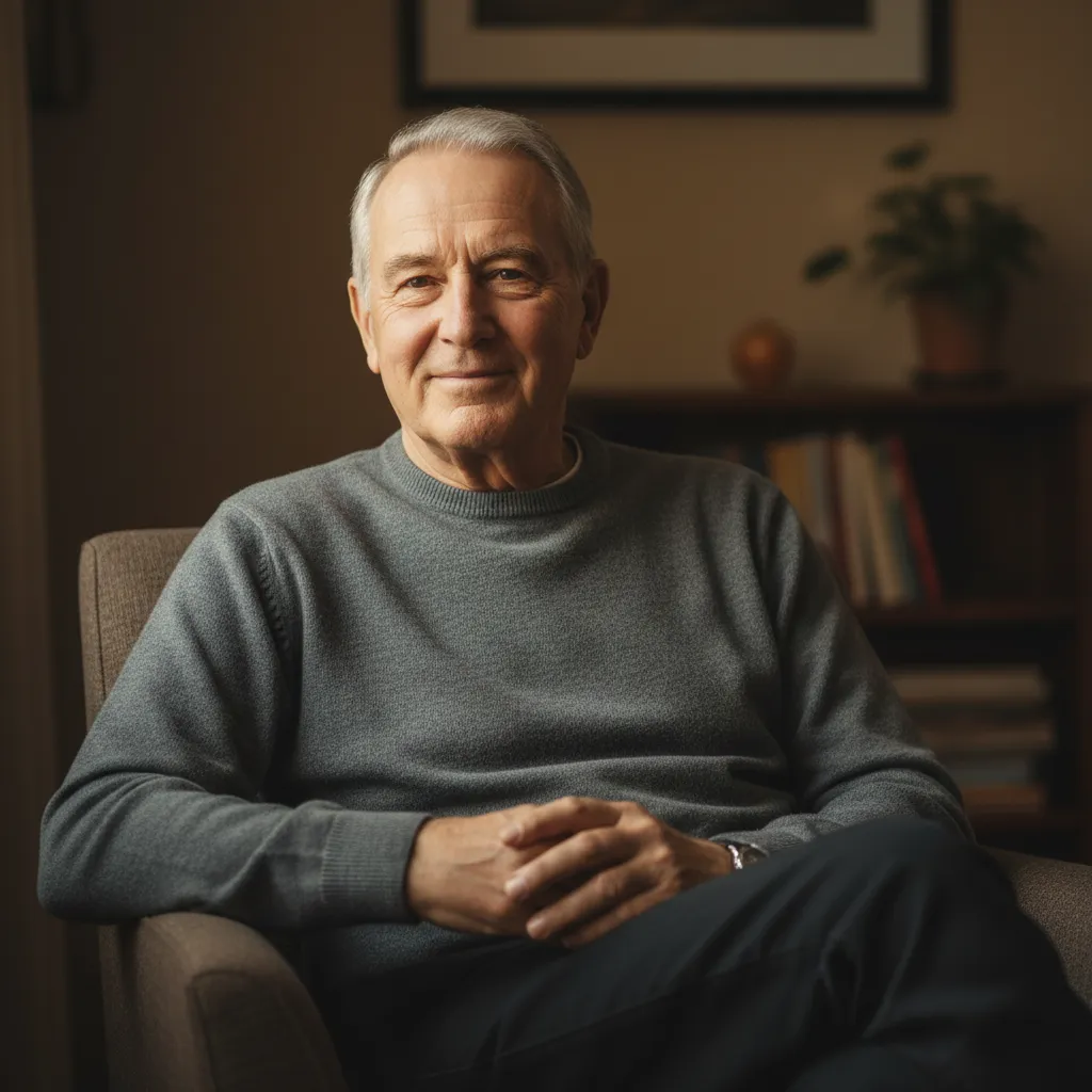 Portrait of James P., 67, retired man, photorealistic style