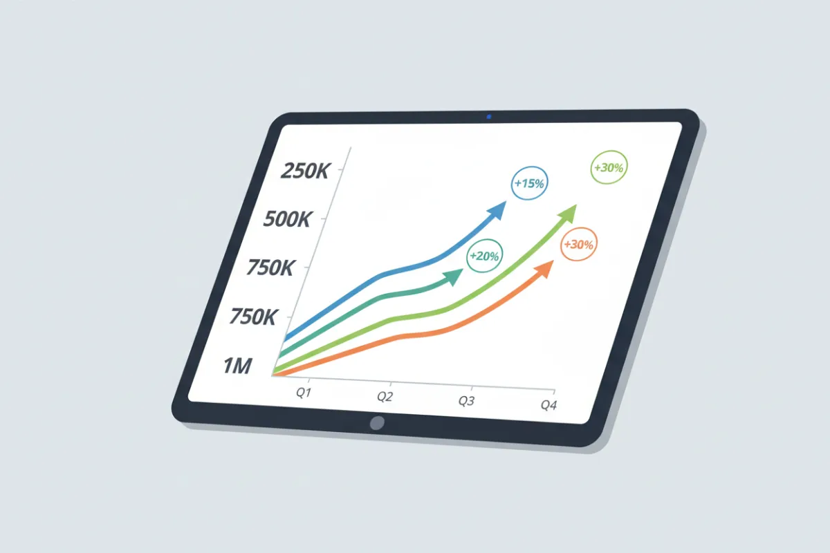 Crisp illustration of a financial growth diagram on a tablet screen, modern flat style, upward trend lines for strategy visualization.