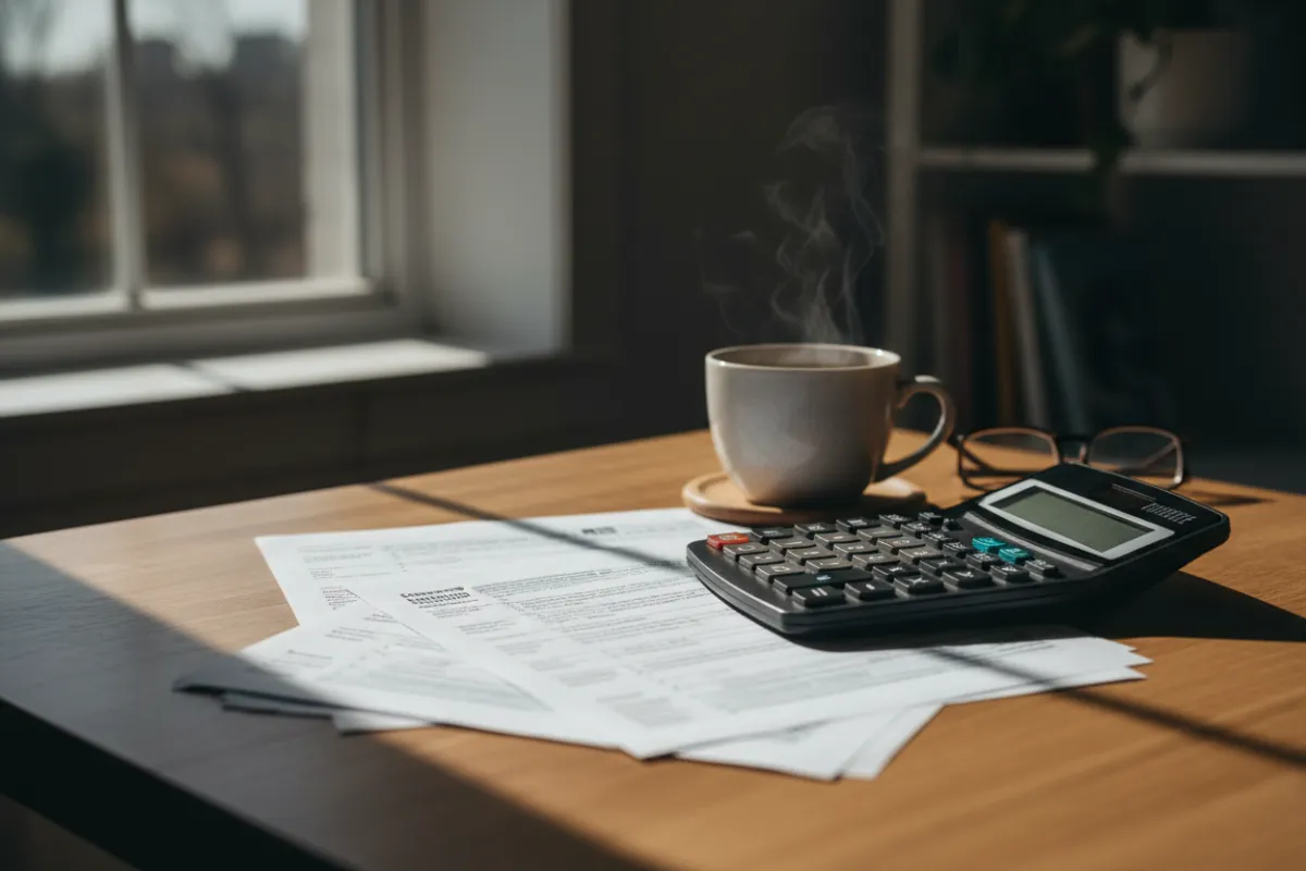 Landscape image of a desktop with tax forms, calculator and coffee, natural lighting, 3:2 crop showing a practical tax-planning moment for retirees.