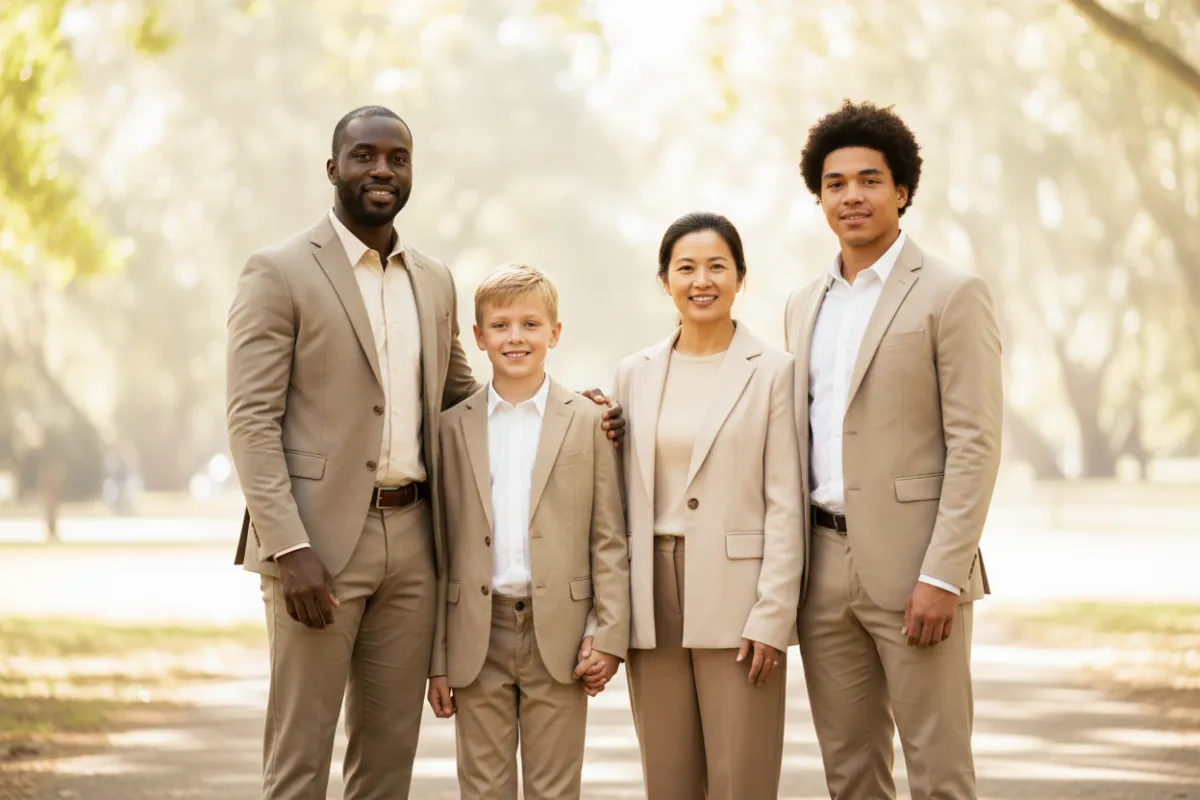 A diverse family of four, dressed in business-casual attire, stands together in a sunlit park with soft beige and cream tones. The background is blurred, evoking calm and security. The composition is balanced, with gentle smiles and relaxed postures, conveying trust and optimism.