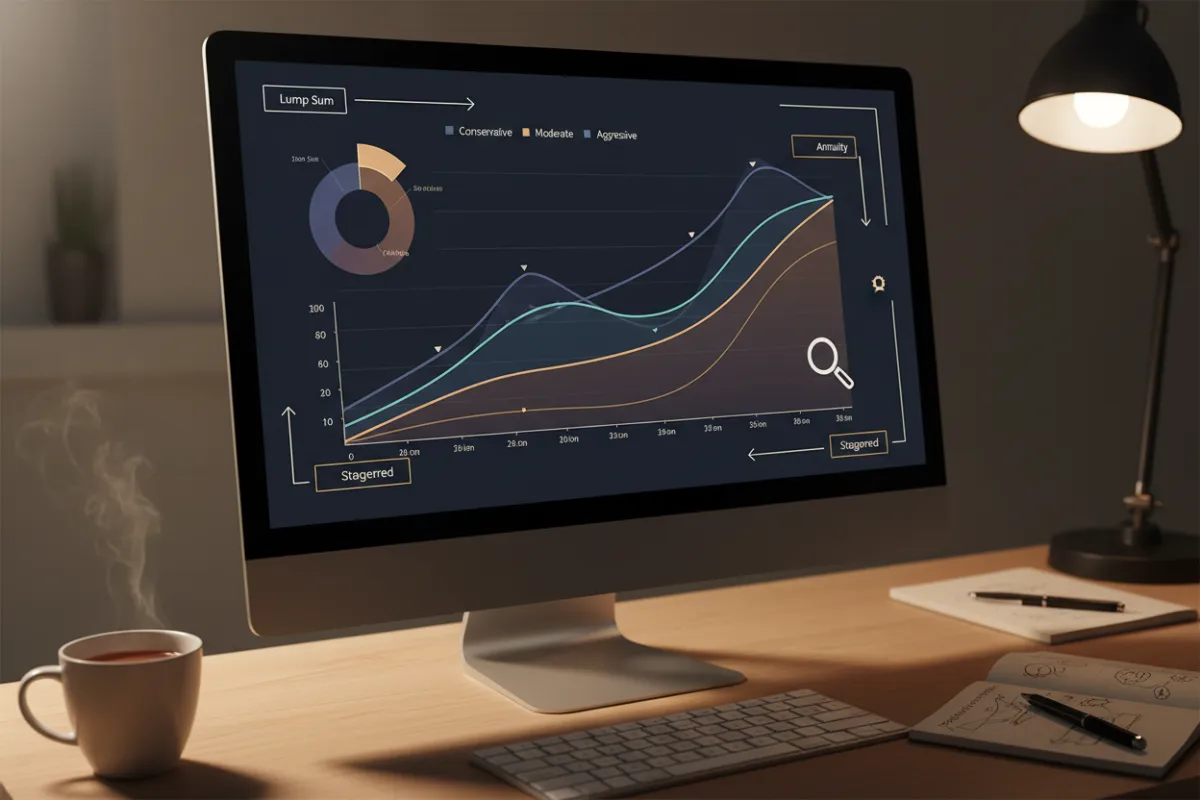 Graphical visualization of pension payout scenarios on a monitor with annotated notes, data-driven guidance.