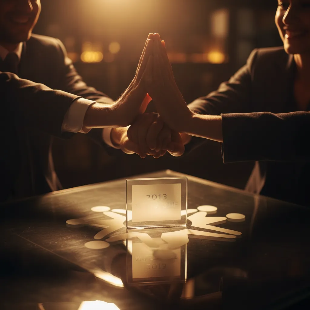 2013 milestone: three advisors celebrating around a glass table with a printed milestone plaque
