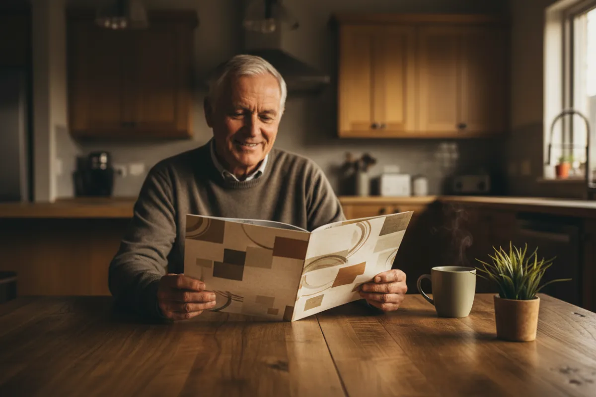 Advisor flipping through an annuity brochure at a kitchen table, warm tones, 3:2 crop emphasizing approachable guidance and product clarity.
