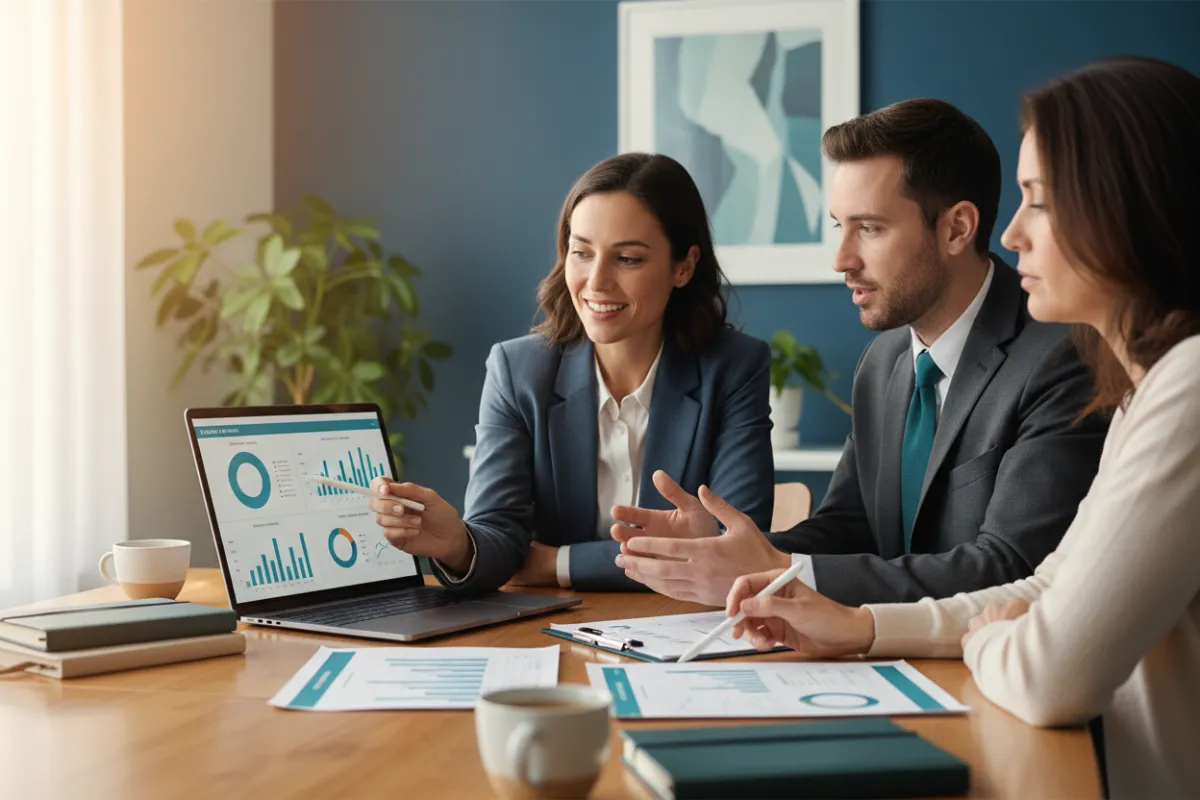 Financial advisors and client reviewing charts on a laptop, photorealistic, trust and collaborative planning