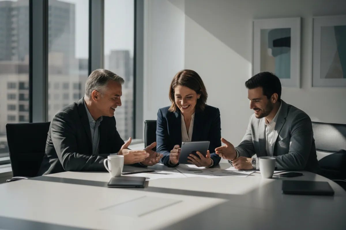 Three advisors in a bright conference space, diverse ages and genders, friendly collaborative posture, photorealistic style projecting competence and approachability.