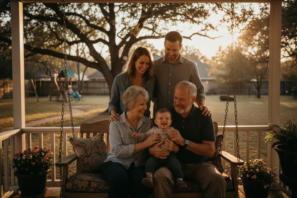 Three-generation family on a sunlit back porch: grandparents, adult children, and a toddler interacting warmly, golden-hour natural light, candid photorealistic style, softly blurred suburban yard background conveying security and continuity.