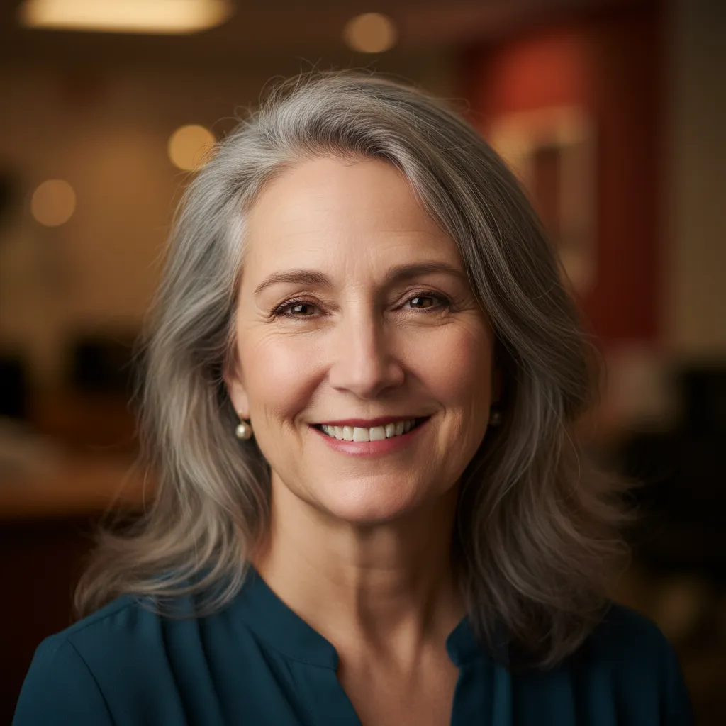 Portrait of Margaret R., 63, smiling woman, photorealistic editorial style