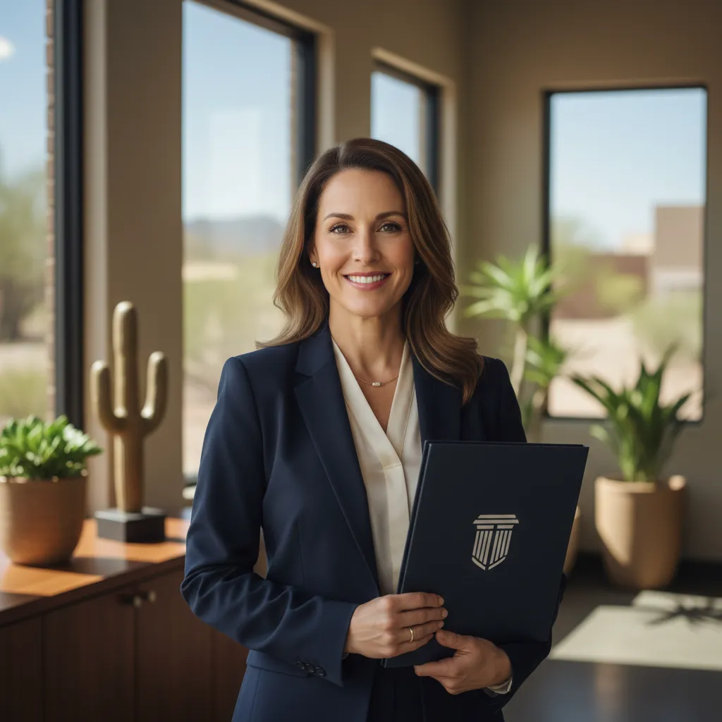 Confident female insurance agent in Scottsdale office holding PillarShield policy folder