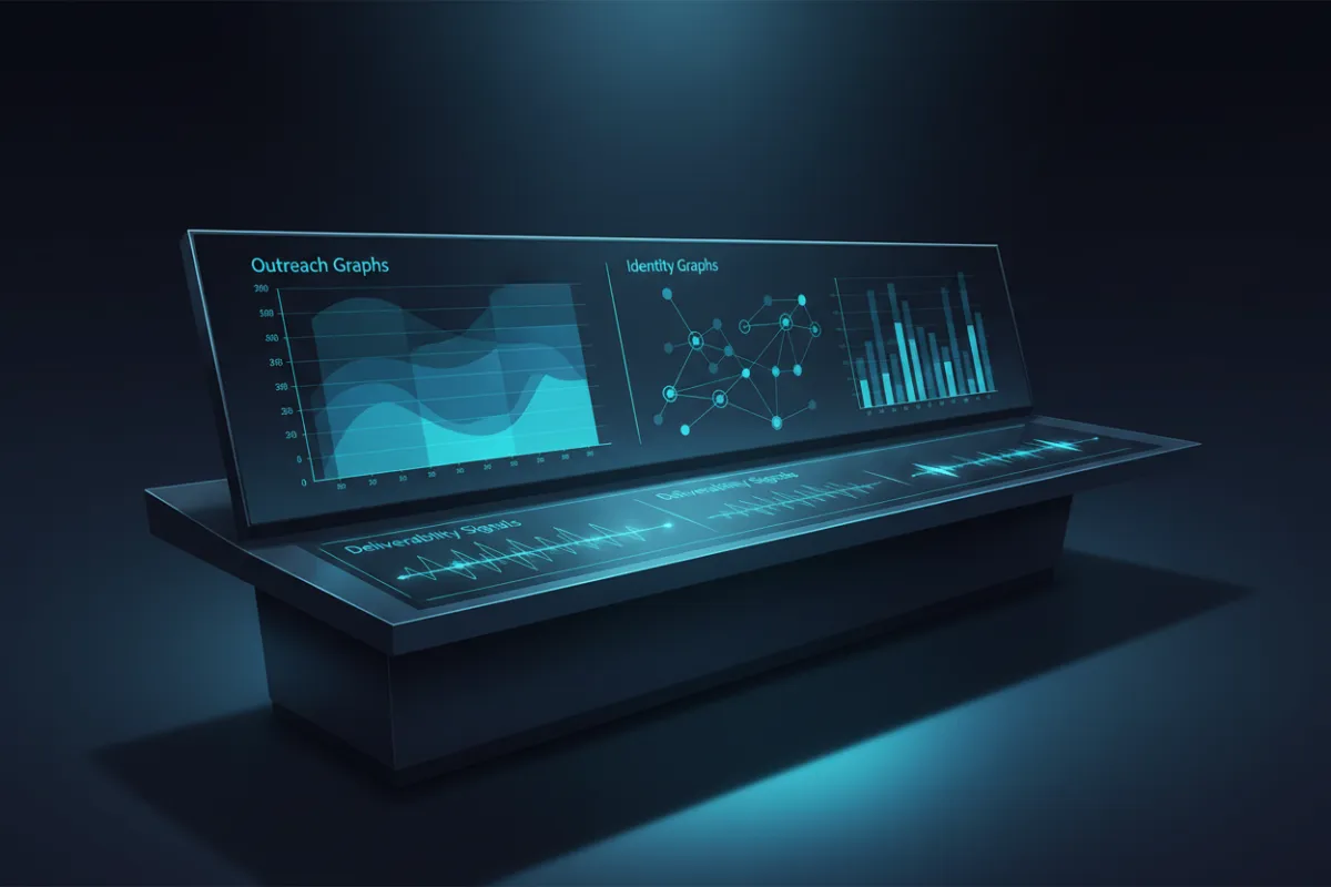 A high-contrast photorealistic hero illustration of a control room dashboard with outreach and identity graphs, cinematic lighting.
