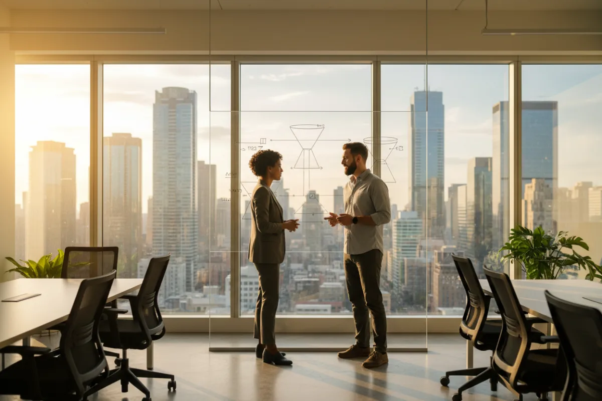 Modern office skyline view with two founders discussing a whiteboard of data flows and outreach funnels