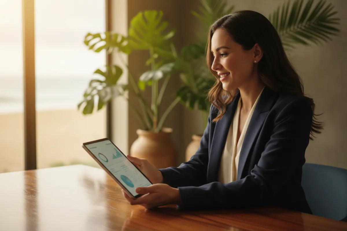Confident female advisor at desk reviewing a portfolio on tablet, warm office light, soft-focus background with coastal plants — friendly professional portrait emphasizing trust.