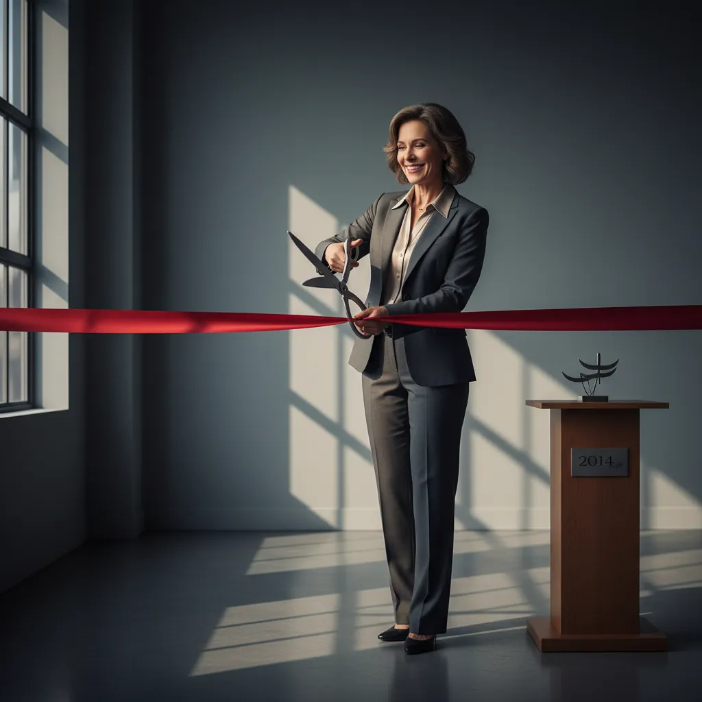2014 milestone: ribbon-cutting with a mid-aged female executive holding scissors and smiling
