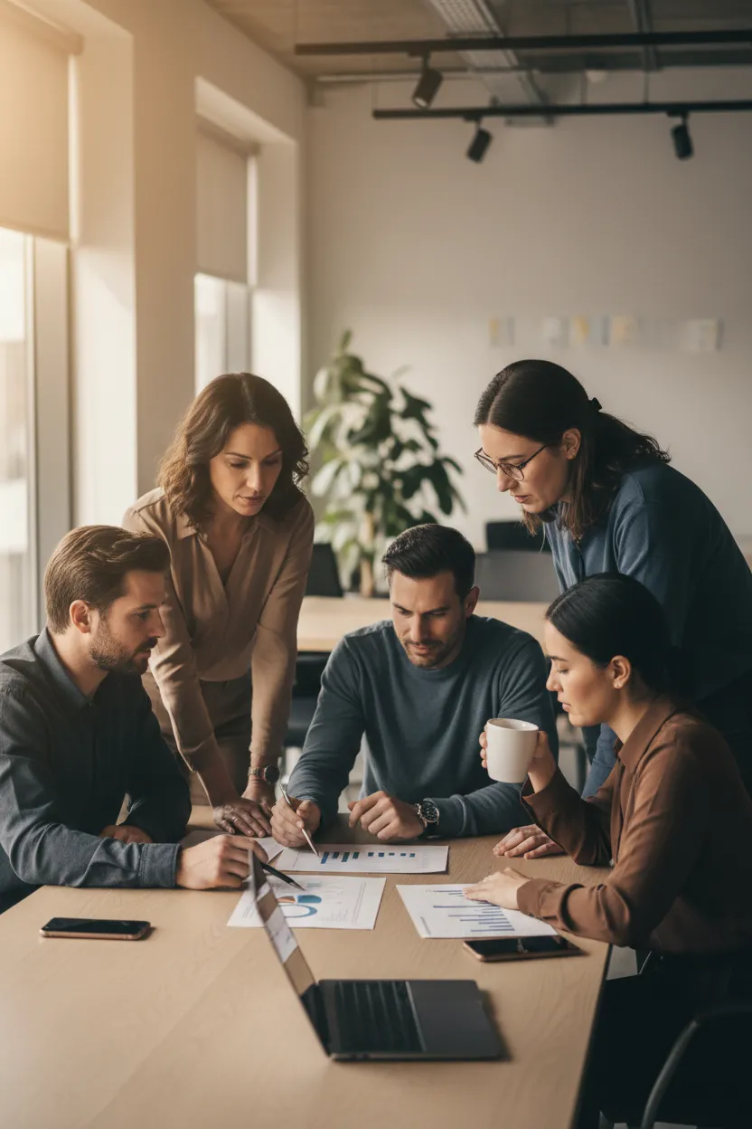 Cross-functional revenue team collaborating at a table with laptops and data reports