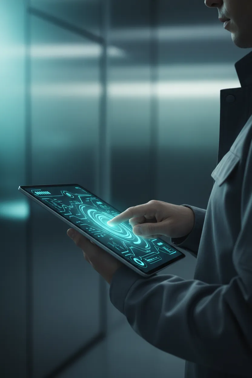 Engineer interacting with a streamlined signal dashboard on a tablet