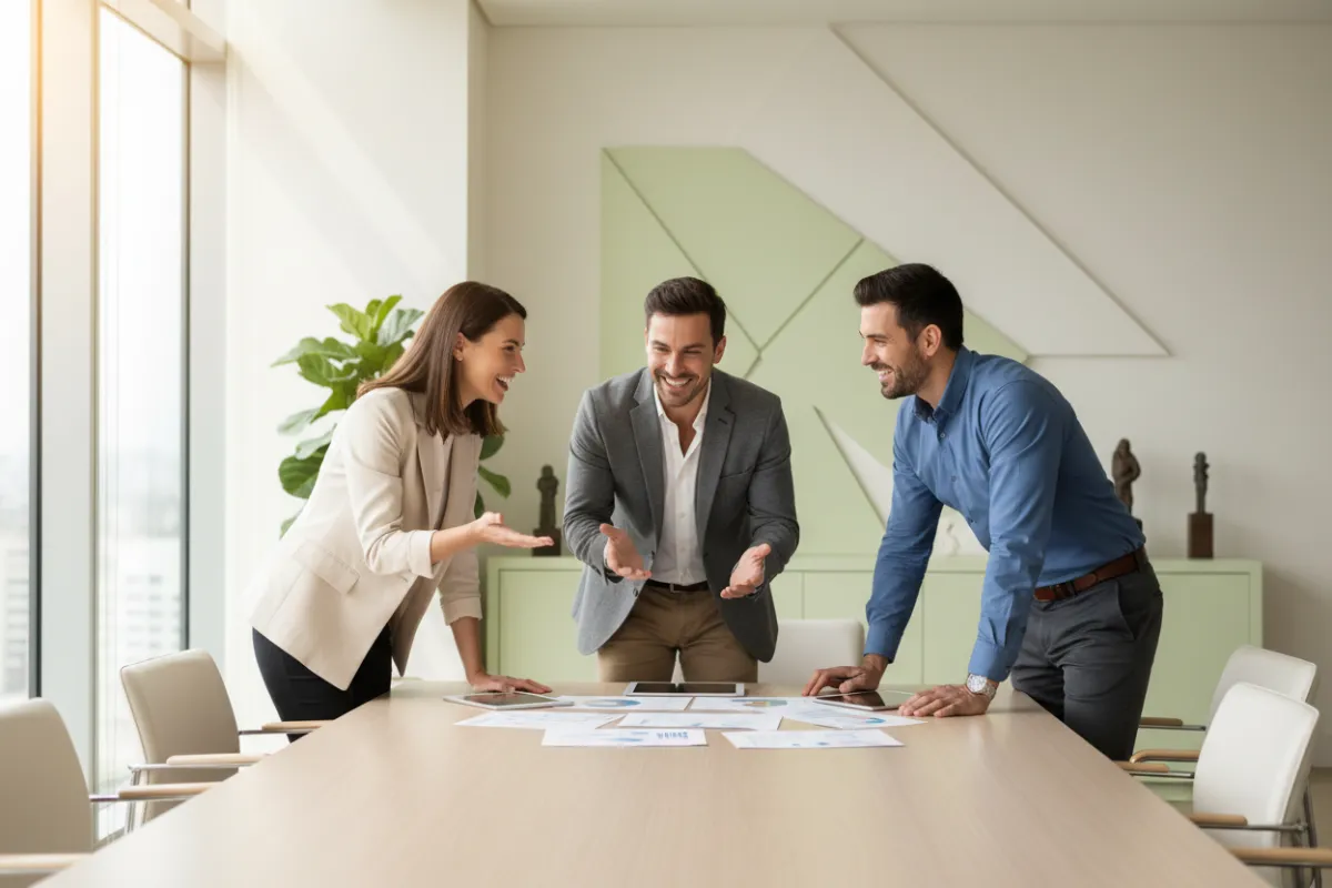 A group of three professionals—two men and one woman—review financial documents at a modern table. The setting is a bright, cream-toned office with green accents and large windows. The group is engaged, smiling, and collaborating, reflecting trust and expertise.