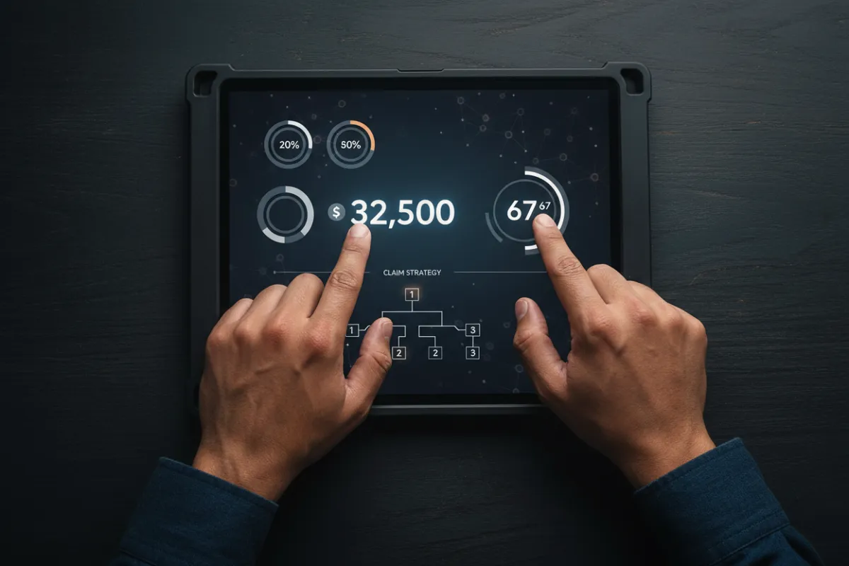 Close-up of a benefits calculator on a tablet with hands pointing at numbers, Social Security optimization.