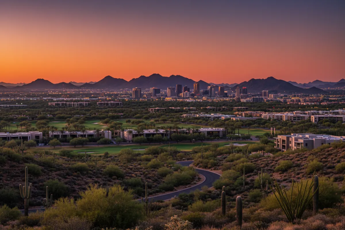 Scottsdale skyline and desert foothills at golden hour