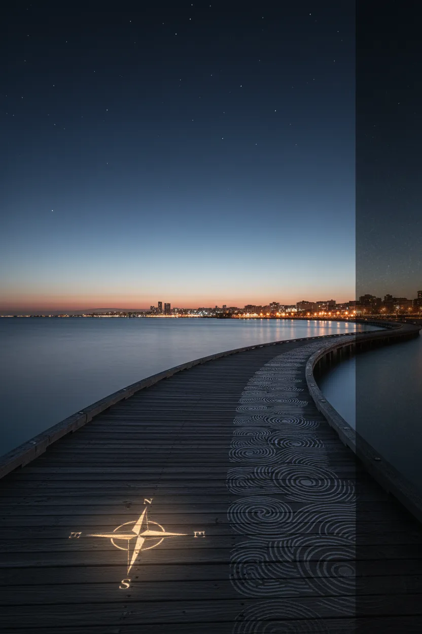 Tall poster-style hero image showing a waterfront boardwalk with subtle branding elements; vertical composition framed for a right-side poster card to pair with the contact form.