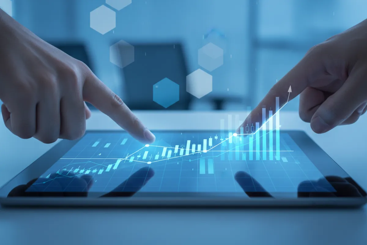 Landscape shot of a financial chart on a tablet with hands pointing, cool blue tones, high clarity to convey data-driven analysis.