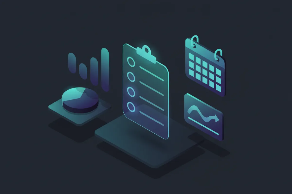 Isometric illustration of a clear checklist on a desktop with charts and a calendar, soft blue and teal palette, clean vector style emphasizing organized planning and stepwise execution.