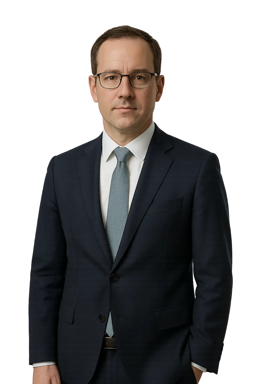 Portrait of Daniel Matthews, financial advisor, in navy blazer and teal tie, isolated on white.