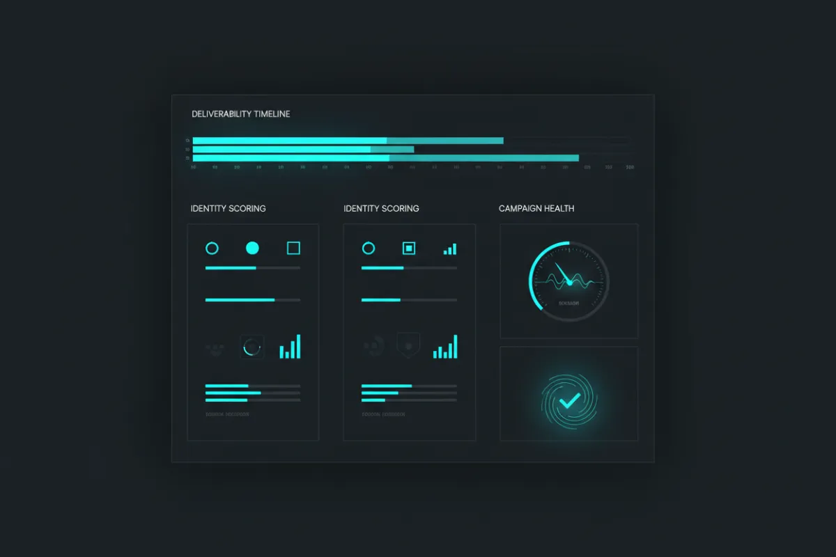 SignalForge console screenshot: deliverability timeline, identity scoring columns, and campaign health panels.