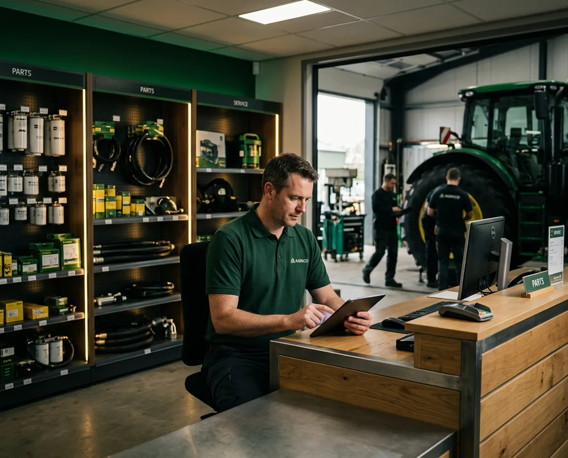 Busy agricultural machinery dealership workshop and showroom floor with technicians and staff managing operations