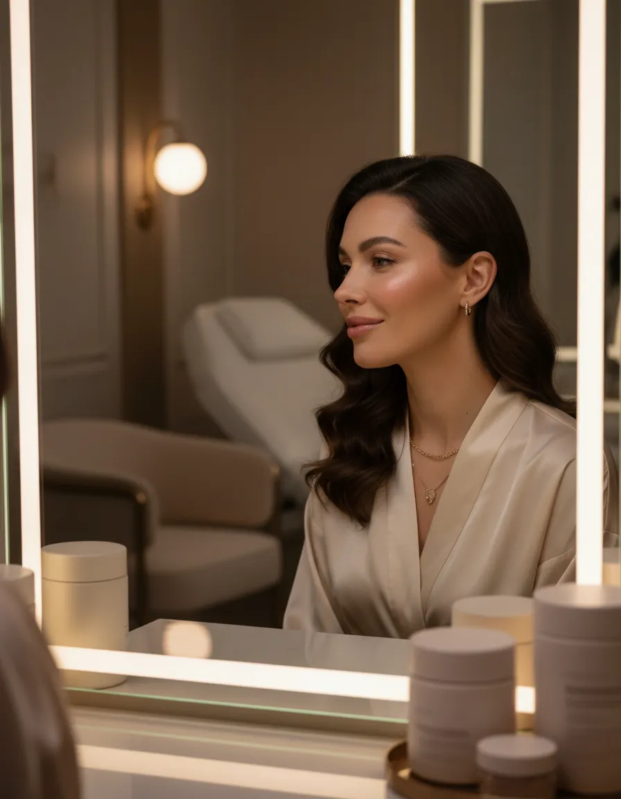 Elegant woman looking thoughtfully in a mirror, considering natural lip enhancement at Nexus Clinic