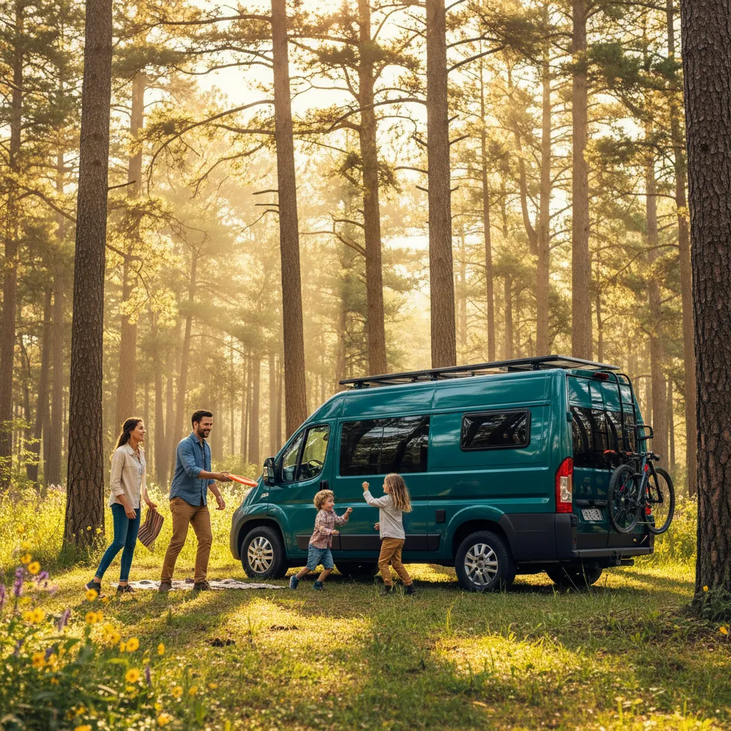 Compact Class B camper van in deep teal, parked in a forest clearing. A young family is playing frisbee nearby, with tall pines and dappled sunlight. 1:1 aspect ratio, playful, family-friendly, vibrant colors.