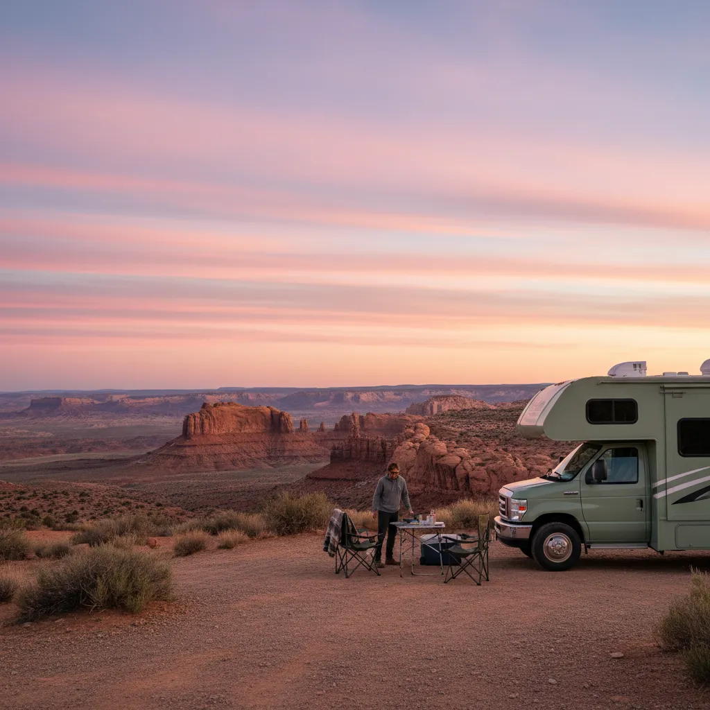 Sage green Class C RV parked at a desert overlook, with two friends setting up camping chairs. The background features red rock formations and a pastel sky. 1:1 aspect ratio, adventurous, warm, inviting scene.