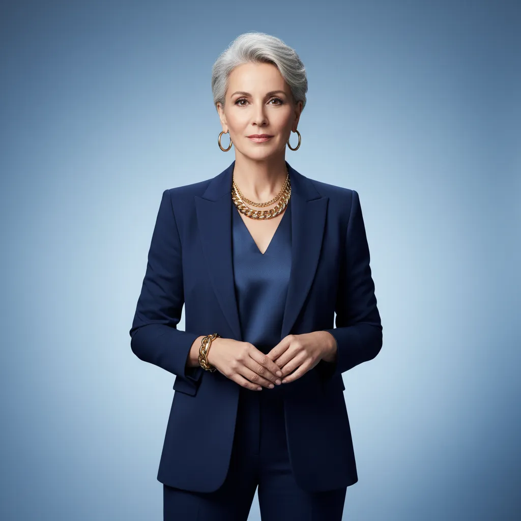 A poised woman in her 40s with short silver hair, wearing a navy suit and gold jewelry, stands confidently against a soft blue background. Her expression is calm and authoritative, reflecting expertise in luxury marketing. The portrait is crisp and modern.