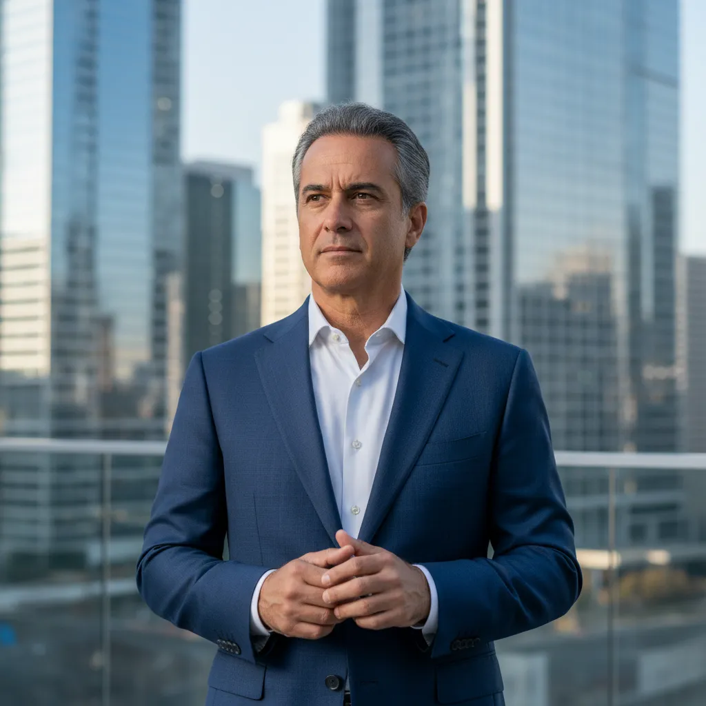 A middle-aged man with olive skin, salt-and-pepper hair, and a tailored blue suit, stands in front of a blurred cityscape. His expression is thoughtful and focused, embodying expertise in client relations. The image is sharp and contemporary.