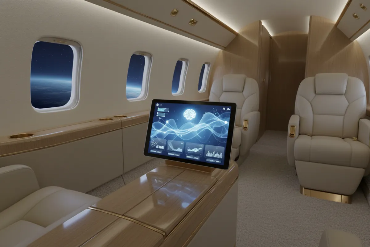 A private jet interior featuring a personalized AI concierge interface on a sleek touchscreen. The setting is opulent, with cream leather seats and gold trim, exuding exclusivity and advanced technology. The image is clean and sophisticated.