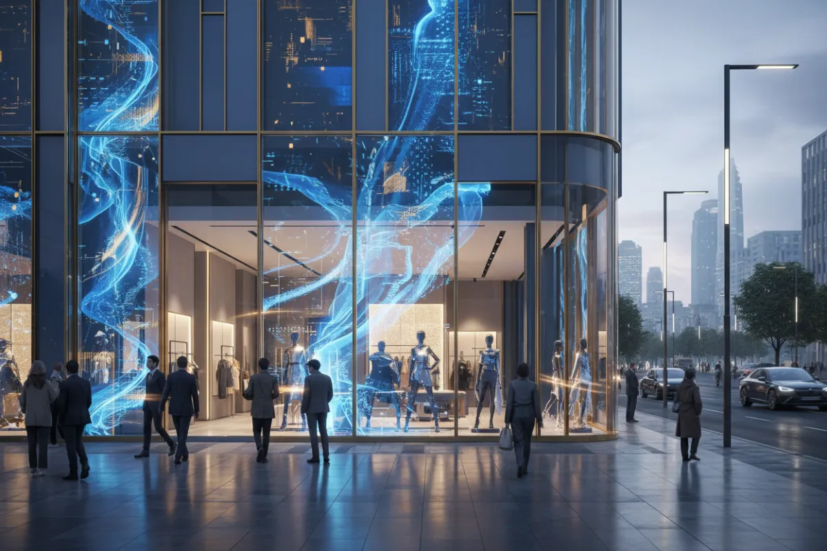 A luxury retail storefront with interactive AI-powered digital displays, set on a bustling city avenue. The scene is vibrant, with blue and gold accents, and showcases a blend of technology and high-end fashion. The image is modern and visually striking.