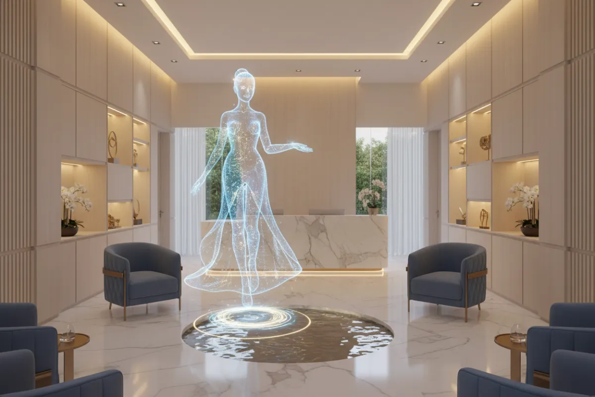 A luxury spa reception with a holographic AI assistant greeting guests. The space is tranquil, with marble floors, soft lighting, and subtle blue and gold decor. The image is modern, serene, and highlights innovative service.