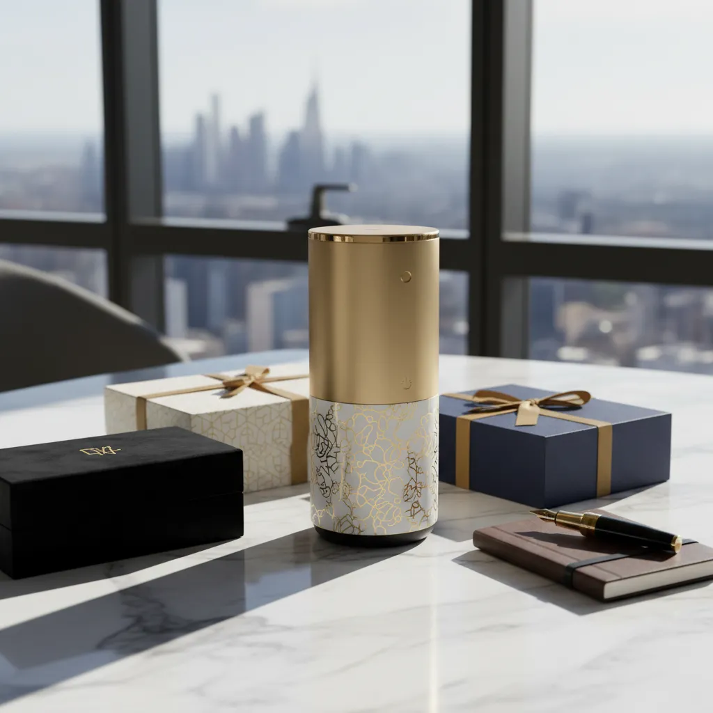 A close-up of a gold-accented AI voice assistant device on a marble table, surrounded by luxury brand packaging and a designer pen. The setting is a sunlit penthouse office, evoking exclusivity and innovation. The image is modern, with a clean, high-end aesthetic.
