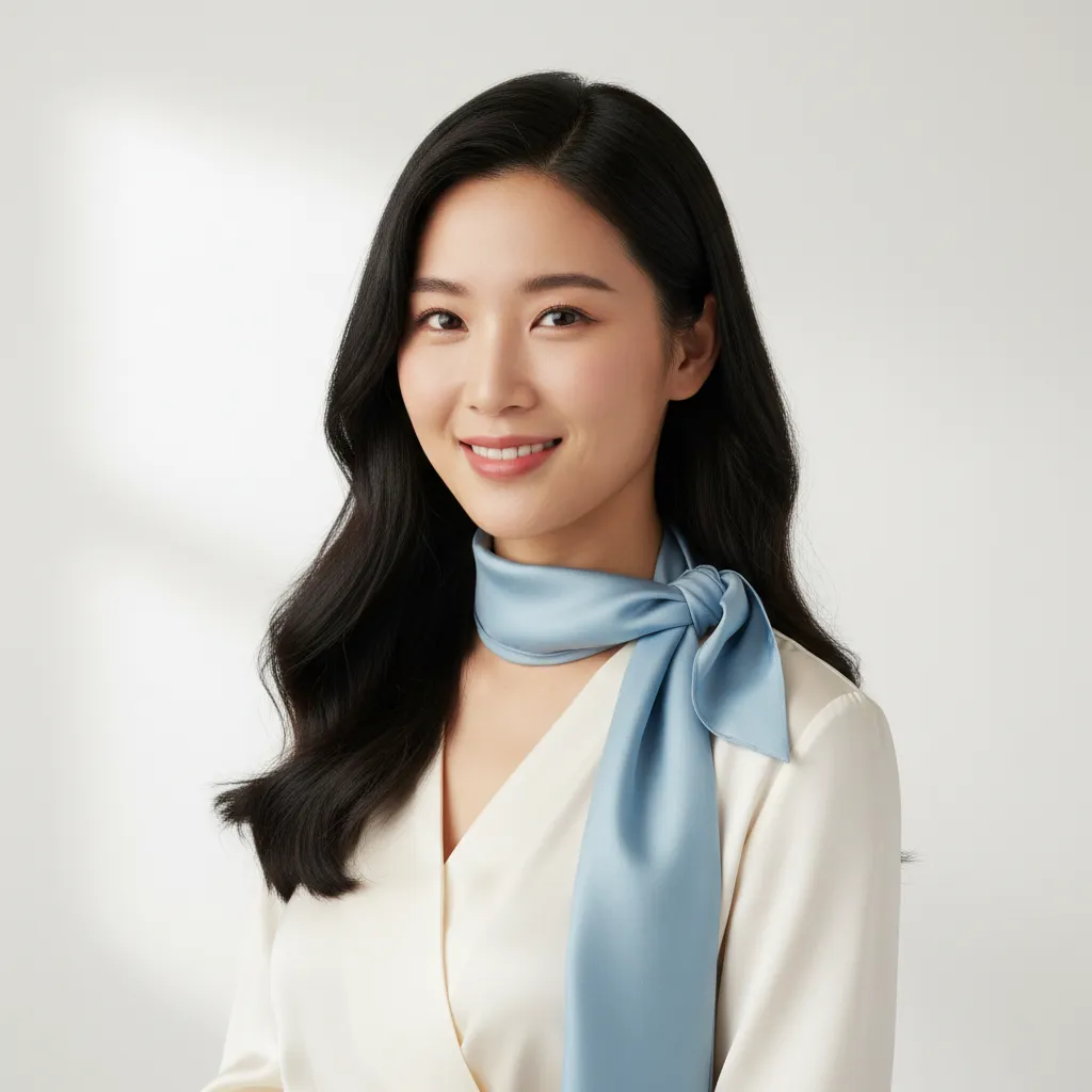 A young Asian woman with long black hair, wearing a white blouse and blue scarf, smiles gently against a neutral background. Her style is elegant and understated, representing creative direction in luxury branding. The portrait is modern and inviting.