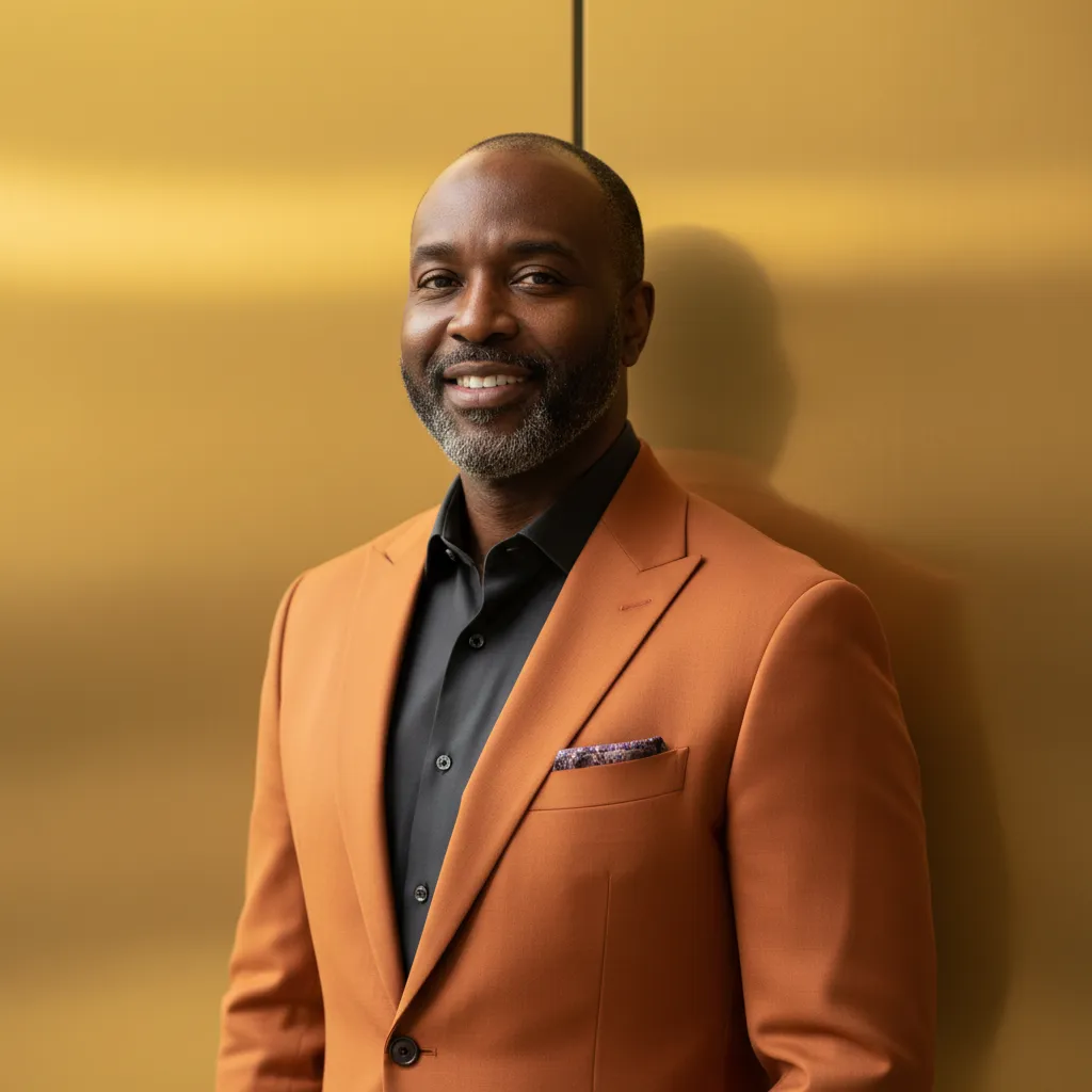 A distinguished man in his 50s with dark skin, a close-cropped beard, and a tailored orange blazer, stands before a minimalist gold backdrop. His demeanor is warm and approachable, exuding confidence and leadership. The image is clean and professional.