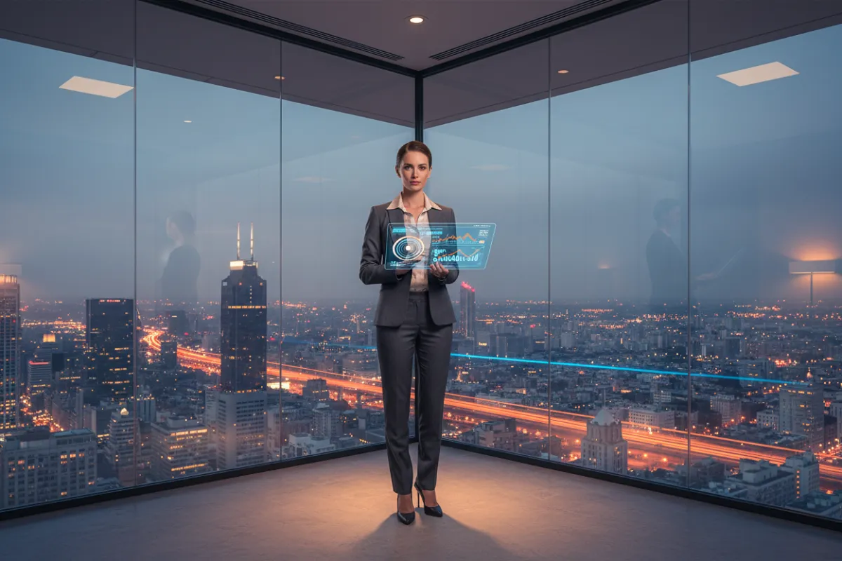 A sharply dressed executive woman stands in a modern, glass-walled office, holding a digital tablet displaying AI analytics. The background features a panoramic city skyline at dusk, with blue and orange lighting reflecting luxury and innovation. The image is crisp, clean, and exudes exclusivity.