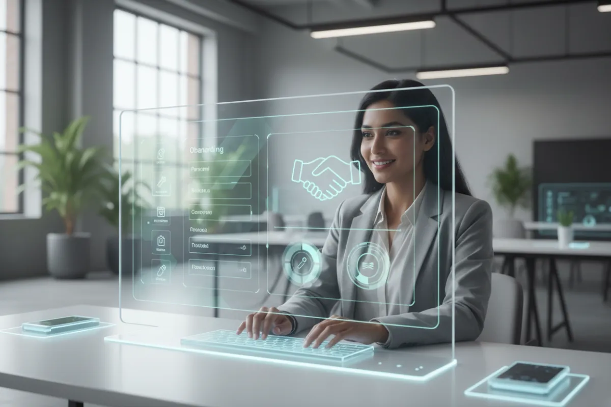 Modern, secure digital onboarding portal interface with user-friendly forms and a welcoming dashboard, set in a bright, open workspace with natural light and subtle tech accents. The scene features a young professional entering information, conveying ease and confidence.