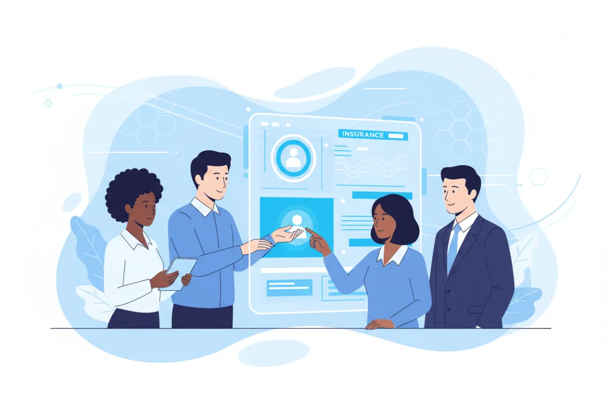 A sleek digital illustration of a diverse group of professionals interacting with a futuristic insurance dashboard, set against a clean, abstract blue and white background. The scene conveys innovation and trust, with subtle tech motifs and crisp lines, reflecting a modern, integrated insurance experience.