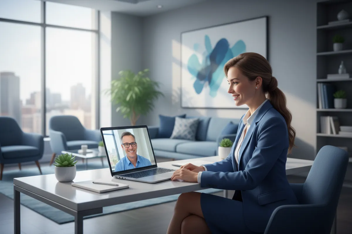 A professional insurance advisor in a modern office, speaking with a client via video call on a laptop. The setting is bright, with blue accents and a welcoming atmosphere, highlighting accessibility and personal support.