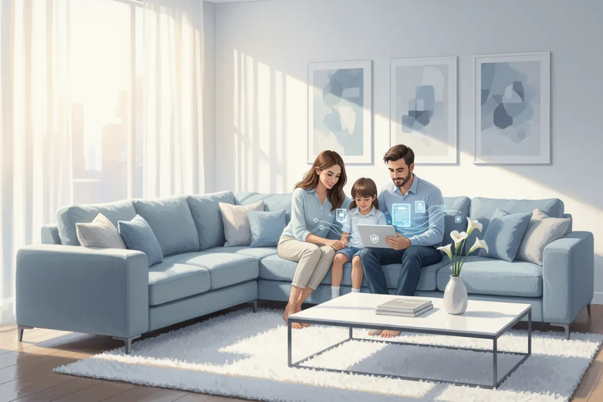 A serene family scene in a modern living room, with parents and children reviewing digital insurance documents on a tablet. The space is bright, with soft blue and white tones, and the atmosphere is calm, secure, and welcoming.