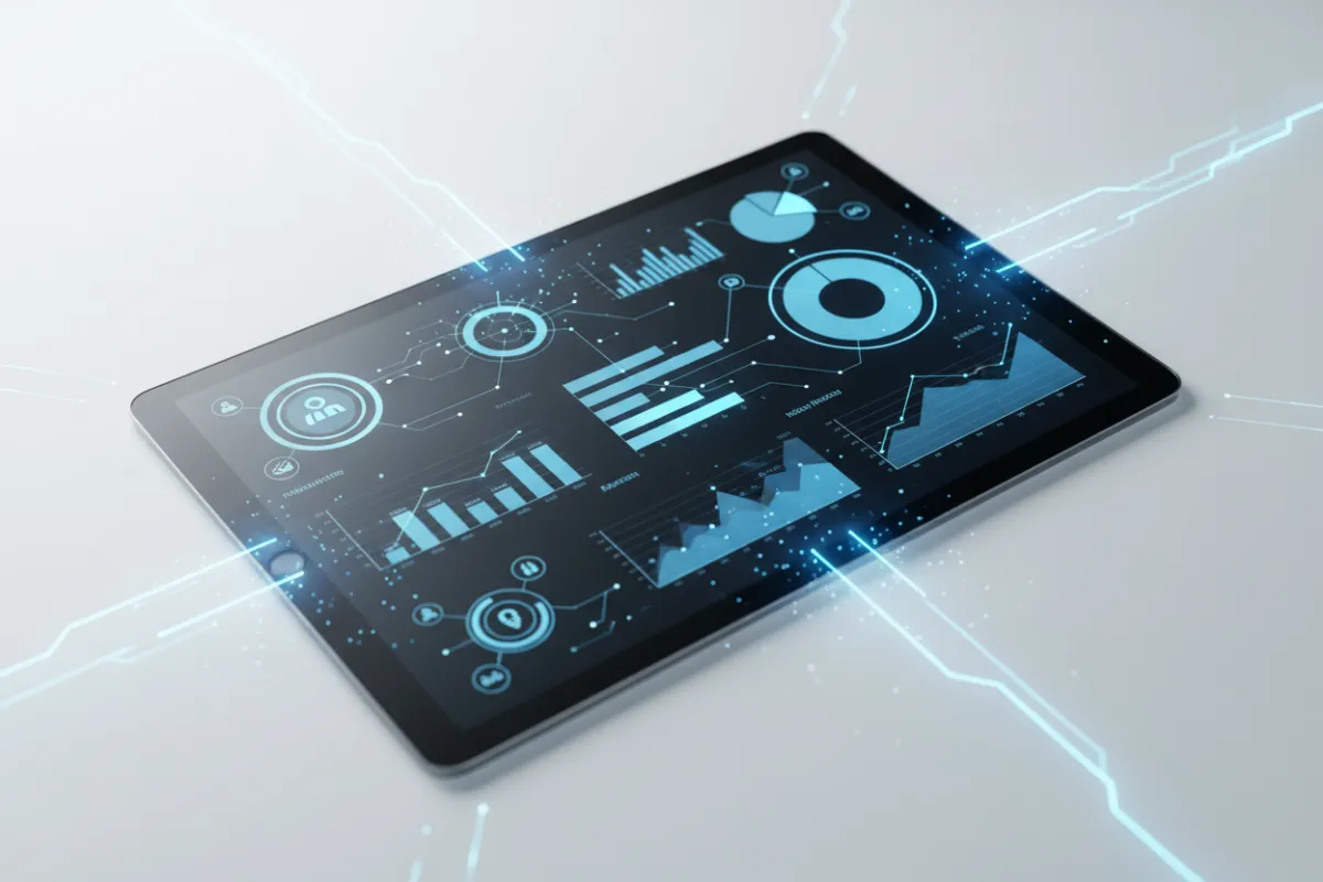 A high-tech interface showing dynamic insurance analytics, charts, and notifications on a sleek tablet device, surrounded by subtle digital effects. The background is crisp white with electric blue highlights, emphasizing innovation and clarity.