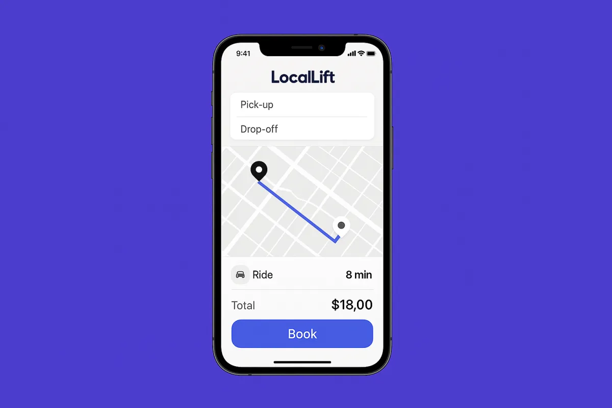 Smartphone mockup showing the LocalLift booking flow UI