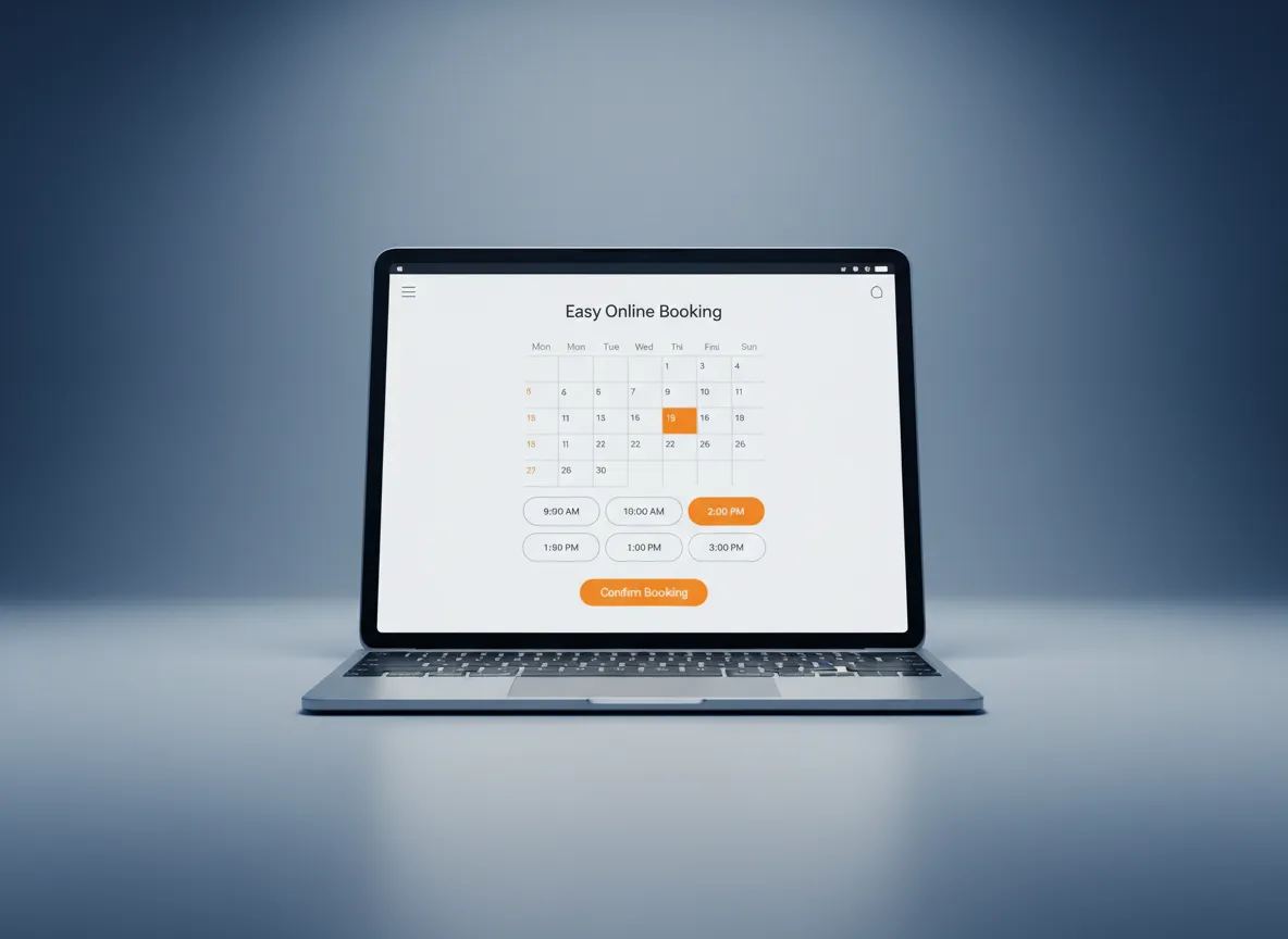 Easy Online Booking interface showing calendar and available time slots