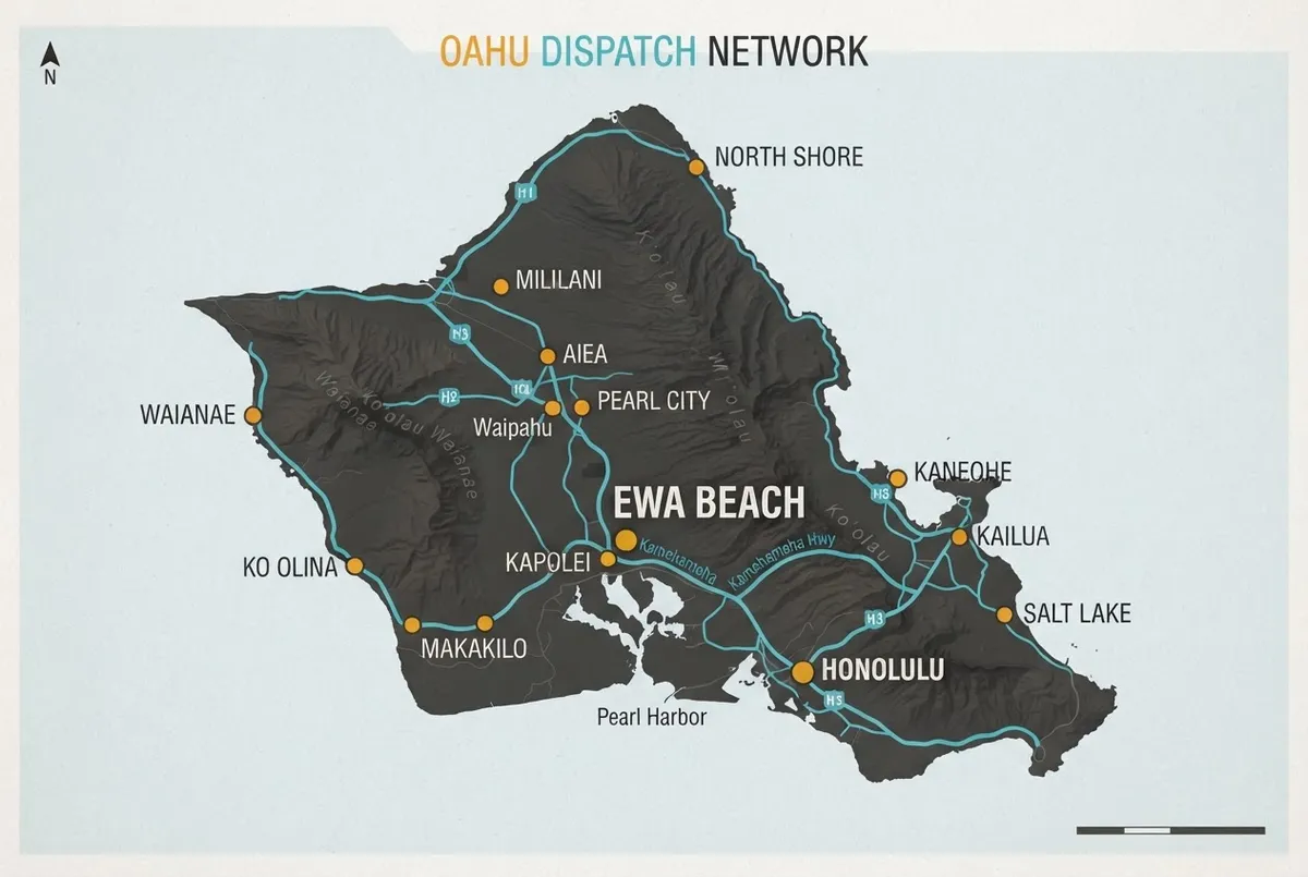 [ADD PHOTO: Local Service Area Map] Oahu mobile mechanic dispatch coverage map centered on Ewa Beach